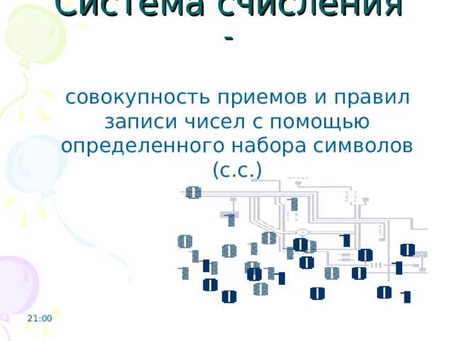 Система счисления - совокупность приемов и правил записи чисел с помощью определенного набора символов (с.с.) 21:00