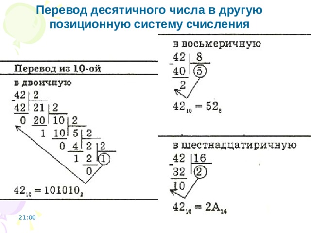 Правило перевода целых десятичных чисел в систему счисления с основанием q презентация