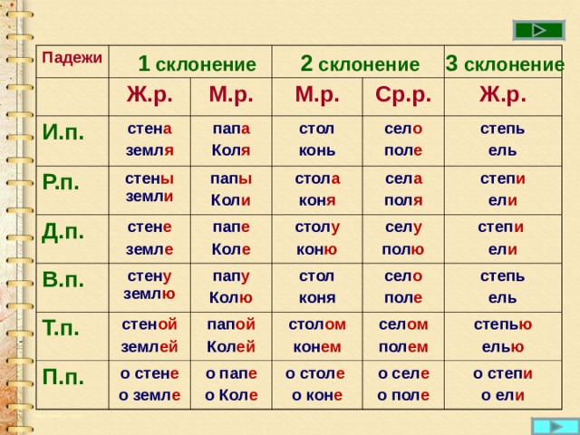 Определите тип склонения существительных печь племя