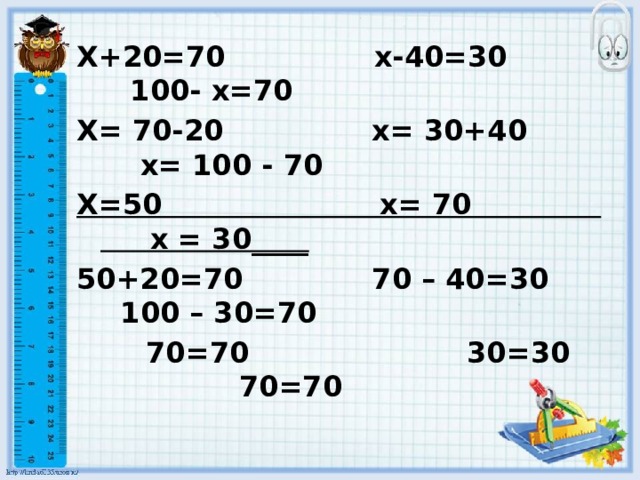 Х+20=70 х-40=30 100- х=70 Х= 70-20 х= 30+40 х= 100 - 70 Х=50 х= 70 х = 30____ 50+20=70 70 – 40=30 100 – 30=70  70=70 30=30 70=70 