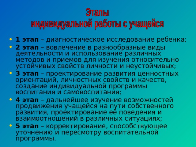 1 этап – диагностическое исследование ребенка; 2 этап – вовлечение в разнообразные виды деятельности и использование различных методов и приемов для изучения относительно устойчивых свойств личности и неустойчивых; 3 этап – проектирование развития ценностных ориентаций, личностных свойств и качеств, создание индивидуальной программы воспитания и самовоспитания; 4 этап – дальнейшее изучение возможностей продвижения учащейся на пути собственного развития, проектирование её поведения и взаимоотношений в различных ситуациях; 5 этап – корректирование, способствующее уточнению и пересмотру воспитательной программы. 