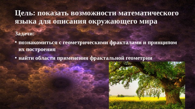 Цель: показать возможности математического языка для описания окружающего мира Задачи: познакомиться с геометрическими фракталами и принципом их построения найти области применения фрактальной геометрии 