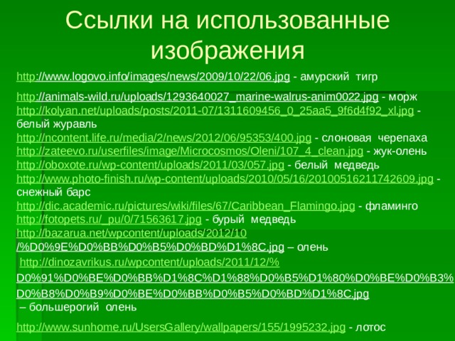 Ссылки на использованные изображения http ://www.logovo.info/images/news/2009/10/22/06.jpg  - амурский тигр http ://animals-wild.ru/uploads/1293640027_marine-walrus-anim0022.jpg  - морж http://kolyan.net/uploads/posts/2011-07/1311609456_0_25aa5_9f6d4f92_xl.jpg  - белый журавль http://ncontent.life.ru/media/2/news/2012/06/95353/400.jpg  - слоновая черепаха http://zateevo.ru/userfiles/image/Microcosmos/Oleni/107_4_clean.jpg  - жук-олень http://oboxote.ru/wp-content/uploads/2011/03/057.jpg  - белый медведь http://www.photo-finish.ru/wp-content/uploads/2010/05/16/20100516211742609.jpg  - снежный барс http://dic.academic.ru/pictures/wiki/files/67/Caribbean_Flamingo.jpg  - фламинго http://fotopets.ru/_pu/0/71563617.jpg  - бурый медведь http:// bazarua.net/wpcontent/uploads/2012/10 /%D0%9E%D0%BB%D0%B5%D0%BD%D1%8C.jpg – олень   http://dinozavrikus.ru/wpcontent/uploads/2011/12/% D0%91%D0%BE%D0%BB%D1%8C%D1%88%D0%B5%D1%80%D0%BE%D0%B3%D0%B8%D0%B9%D0%BE%D0%BB%D0%B5%D0%BD%D1%8C.jpg – большерогий олень http://www.sunhome.ru/UsersGallery/wallpapers/155/1995232.jpg  - лотос