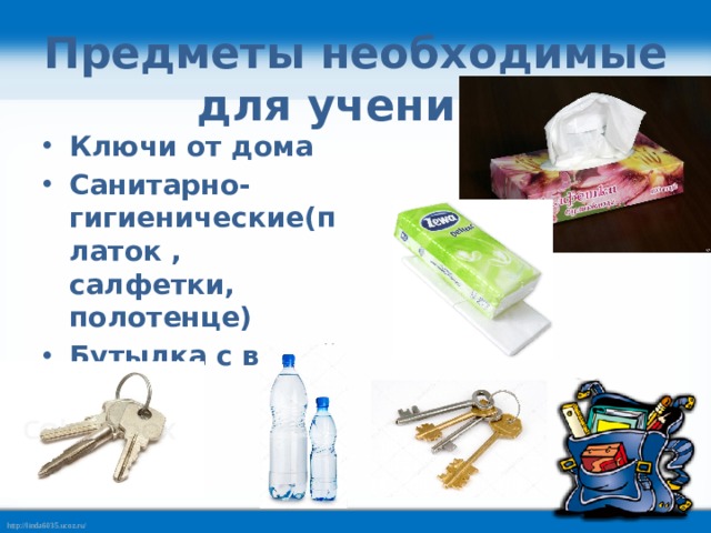 Предметы необходимые для ученика Ключи от дома Санитарно-гигиенические(платок , салфетки, полотенце) Бутылка с водой 