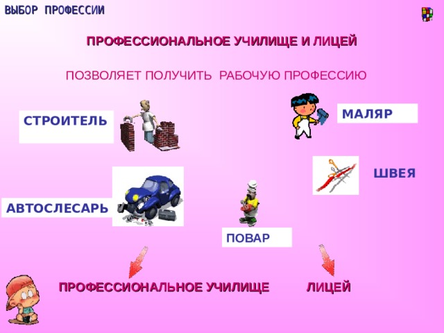 ВЫБОР ПРОФЕССИИ ПРОФЕССИОНАЛЬНОЕ УЧИЛИЩЕ И ЛИЦЕЙ ПОЗВОЛЯЕТ ПОЛУЧИТЬ РАБОЧУЮ ПРОФЕССИЮ МАЛЯР СТРОИТЕЛЬ  ШВЕЯ АВТОСЛЕСАРЬ ПОВАР ПРОФЕССИОНАЛЬНОЕ УЧИЛИЩЕ ЛИЦЕЙ 