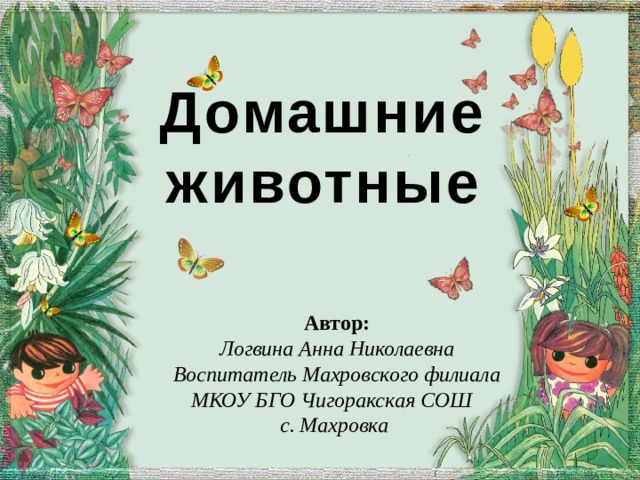 Домашние животные Автор: Логвина Анна Николаевна Воспитатель Махровского филиала МКОУ БГО Чигоракская СОШ с. Махровка  