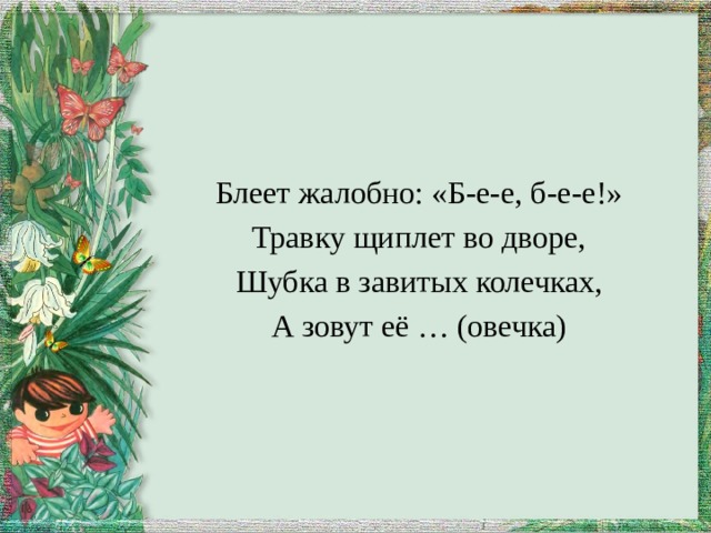 Блеет жалобно: «Б-е-е, б-е-е!» Травку щиплет во дворе, Шубка в завитых колечках, А зовут её … (овечка) 