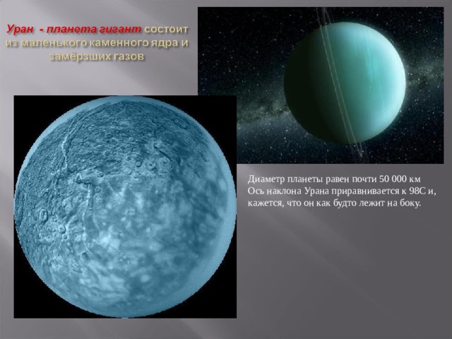 Диаметр планеты равен почти 50 000 км Ось наклона Урана приравнивается к 98С и, кажется, что он как будто лежит на боку. 