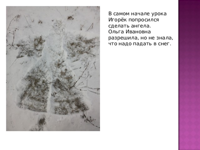 В самом начале урока Игорёк попросился сделать ангела. Ольга Ивановна разрешила, но не знала, что надо падать в снег. 