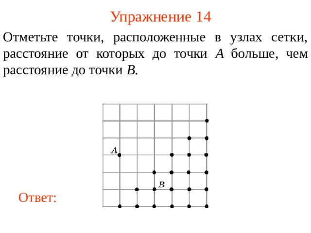 Упражнение 14 Отметьте точки, расположенные в узлах сетки, расстояние от которых до точки A бол ьше, чем расстояние до точки B . В режиме слайдов ответы появляются после кликанья мышкой Ответ: 15 