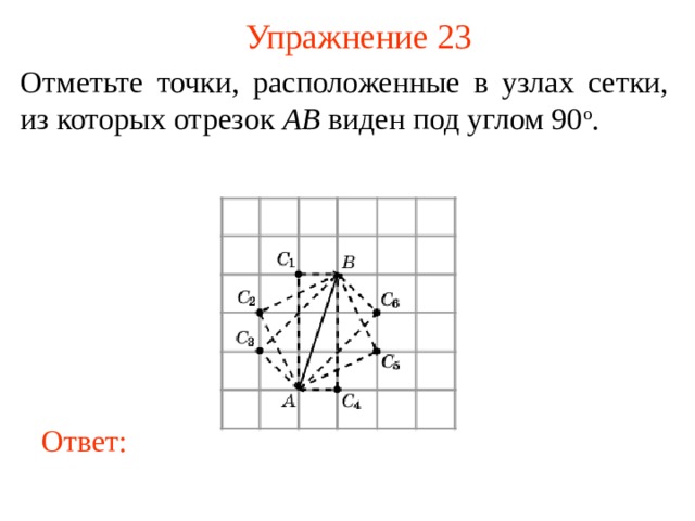 Упражнение 23 Отметьте точки, расположенные в узлах сетки, из которых отрезок AB виден под углом 90 о . В режиме слайдов ответы появляются после кликанья мышкой Ответ: 24 