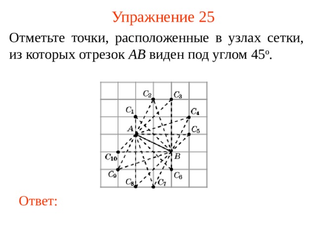 Упражнение 25 Отметьте точки, расположенные в узлах сетки, из которых отрезок AB виден под углом 45 о . В режиме слайдов ответы появляются после кликанья мышкой Ответ: 26 