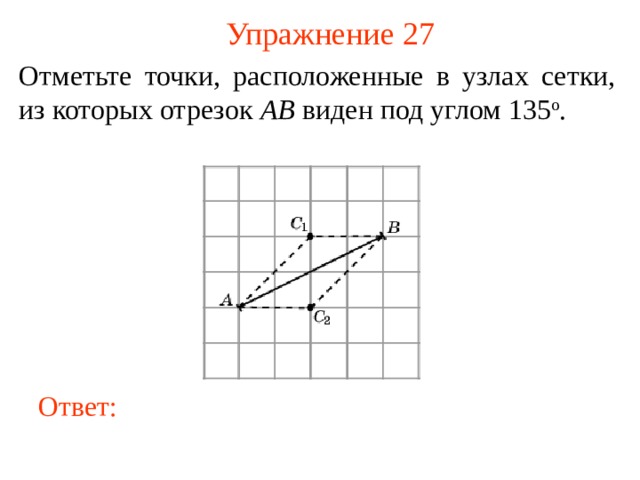 Упражнение 2 7 Отметьте точки, расположенные в узлах сетки, из которых отрезок AB виден под углом 135 о . В режиме слайдов ответы появляются после кликанья мышкой Ответ: 28 