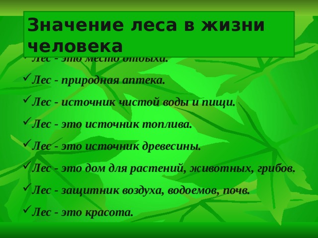 Значение леса в природе и жизни человека схема