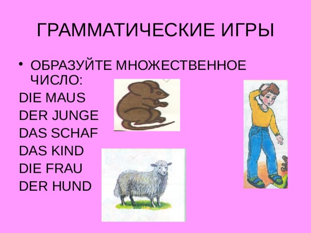 ГРАММАТИЧЕСКИЕ ИГРЫ ОБРАЗУЙТЕ МНОЖЕСТВЕННОЕ ЧИСЛО: DIE MAUS DER JUNGE DAS SCHAF DAS KIND DIE FRAU DER HUND 