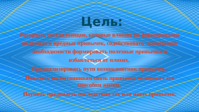 Цель: Раскрыть составляющие, которые влияют на формирование полезных и вредных привычек, содействовать пониманию необходимости формировать полезные привычки и избавляться от плохих. Проанализировать пути возникновения привычек. Показать воспитанникам связь привычек человека с его способом жизни. Научить предвидеть последствия тех или иных привычек. 