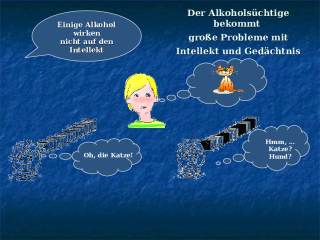 Der Alkoholsüchtige bekommt große Probleme mit Intellekt und Gedächtnis Einige Alkohol wirken nicht auf den Intellekt  Hmm, ... Katze? Hund? Oh, die Katze! 