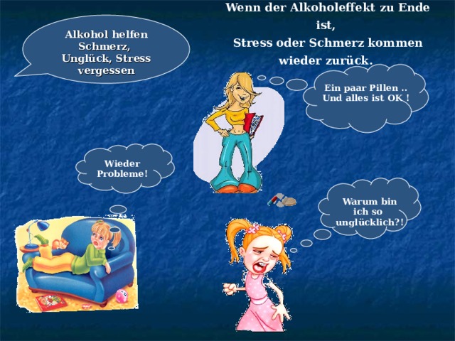 Wenn der Alkoholeffekt zu Ende ist, Stress oder Schmerz kommen wieder zurück.  Alkohol helfen Schmerz, Unglück, Stress vergessen  Ein paar Pillen .. Und alles ist OK ! Wieder Probleme! Warum bin ich so unglücklich?! 