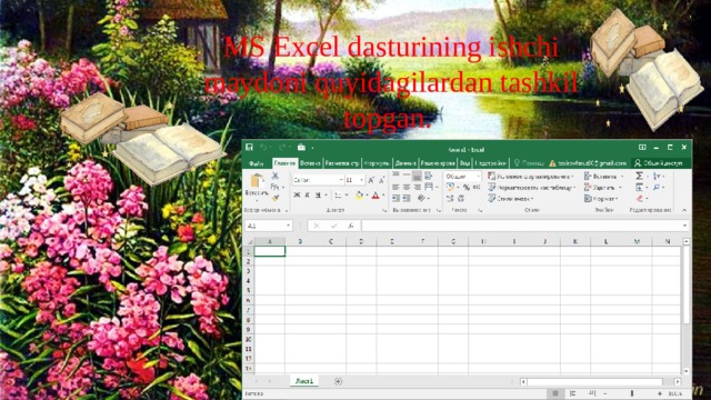 MS Excel dasturining ishchi maydoni quyidagilardan tashkil topgan. 