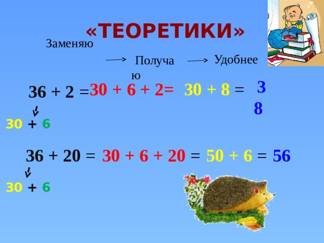 Конспект сложение. Приём вычисления для случаев вида 36-20. Устные приемы сложения вида 36+2, 36+20. Приемы вычислений вида 36+2 36+20. Прием вычислений вида 36+2.