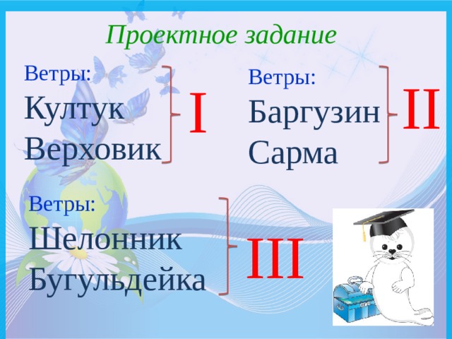  Проектное задание Ветры: Култук Верховик Ветры: Баргузин Сарма II I Ветры: Шелонник Бугульдейка III 
