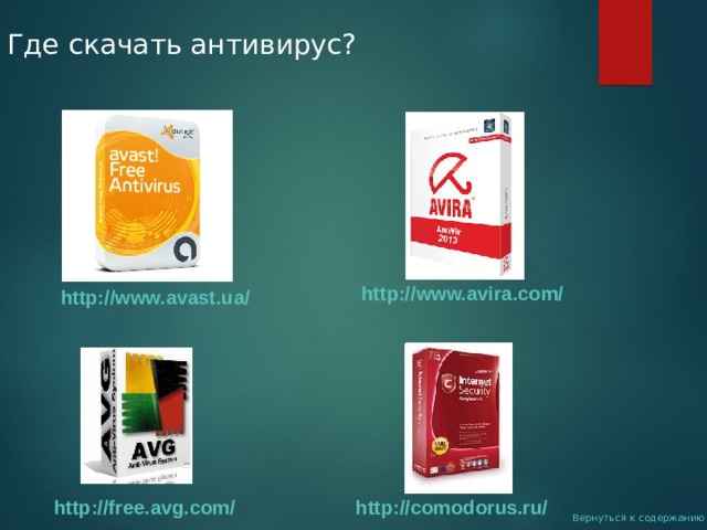 Где скачать антивирус? http://www.avira.com/  http://www.avast.ua/  http://free.avg.com/  http://comodorus.ru/  Вернуться к содержанию 
