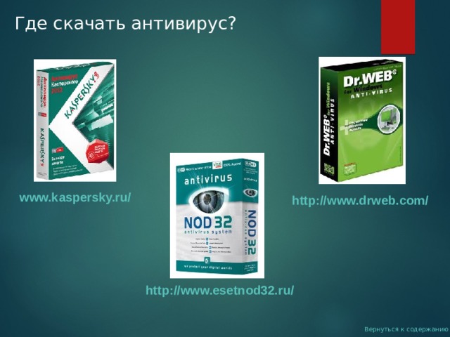 Где скачать антивирус? www.kaspersky.ru/  http://www.drweb.com/  http://www.esetnod32.ru/  Вернуться к содержанию 