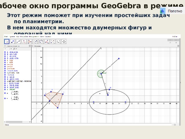 Рабочее окно программы GeoGebra в режиме Этот режим поможет при изучении простейших задач по планиметрии. В нем находятся множество двумерных фигур и операций над ними    