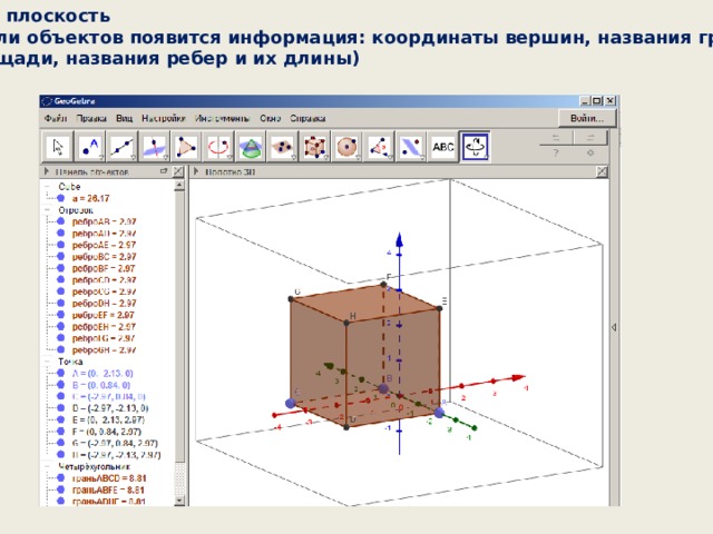 5. Убрать плоскость  (на панели объектов появится информация: координаты вершин, названия граней  и их площади, названия ребер и их длины)  