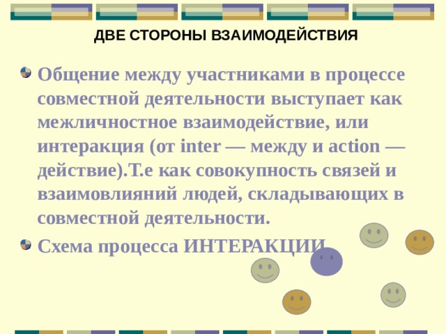 ДВЕ СТОРОНЫ ВЗАИМОДЕЙСТВИЯ Общение между участниками в процессе совместной деятельности выступает как межличностное взаимодействие, или интеракция (от inter — между и action — действие).Т.е как совокупность связей и взаимовлияний людей, складывающих в совместной деятельности. Схема процесса ИНТЕРАКЦИИ 