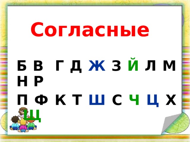 Согласные Б В Г Д Ж З Й Л М Н Р П Ф К Т Ш С Ч  Ц Х Щ 