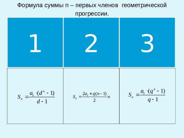 Формула суммы n – первых членов геометрической прогрессии. 1 2 3 
