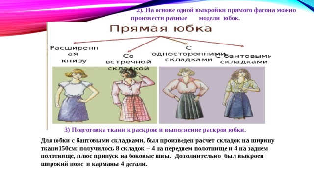  2). На основе одной выкройки прямого фасона можно произвести разные модели юбок.  3) Подготовка ткани к раскрою и выполнение раскроя юбки. Для юбки с бантовыми складками, был произведен расчет складок на ширину ткани150см: получилось 8 складок – 4 на переднем полотнище и 4 на заднем полотнище, плюс припуск на боковые швы. Дополнительно был выкроен широкий пояс и карманы 4 детали. 