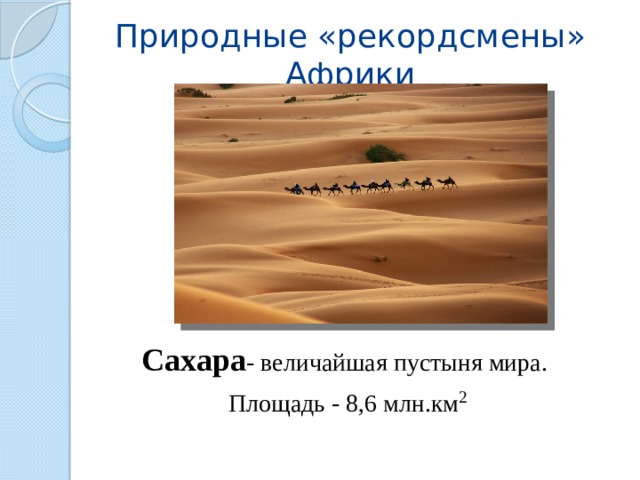 Природные «рекордсмены» Африки Сахара - величайшая пустыня мира. Площадь - 8,6 млн.км 2 