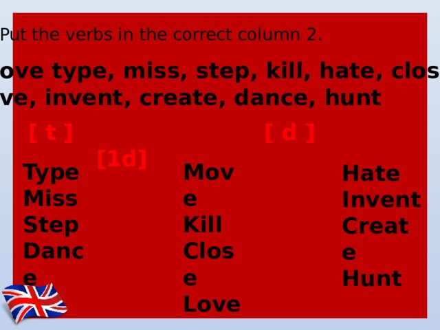 Put the verbs in the correct column 2. move type, miss, step, kill, hate, close, love, invent, create, dance, hunt  [ t ] [ d ] [1d] Move Type Kill Miss Close Step Dance Love Hate Invent Create Hunt 