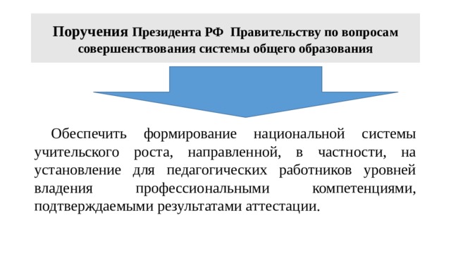 Поручения Президента РФ Правительству по вопросам совершенствования системы общего образования Обеспечить формирование национальной системы учительского роста, направленной, в частности, на установление для педагогических работников уровней владения профессиональными компетенциями, подтверждаемыми результатами аттестации. 