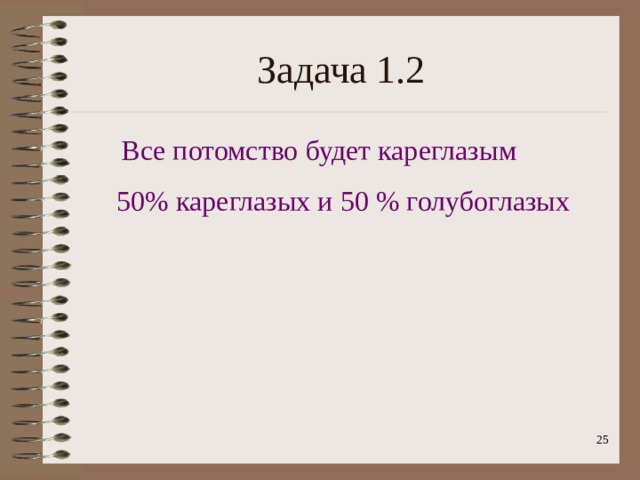 Задача 1.2 Все потомство будет кареглазым 50% кареглазых и 50 % голубоглазых  