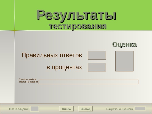 Результаты   тестирования Подождите! Идет обработка данных Оценка Правильных ответов в процентах Ошибки в выборе ответов на задания:  Снова Выход Затрачено времени Всего заданий 8 