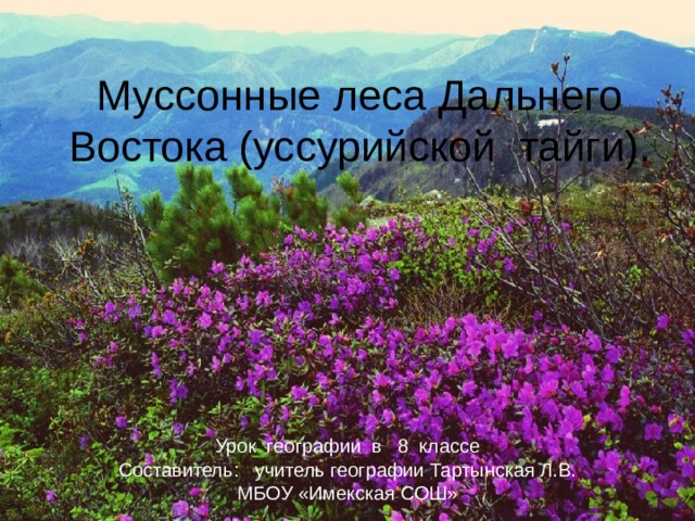 Муссонные леса Дальнего Востока (уссурийской тайги). Урок географии в 8 классе Составитель: учитель географии Тартынская Л.В.  МБОУ «Имекская СОШ»