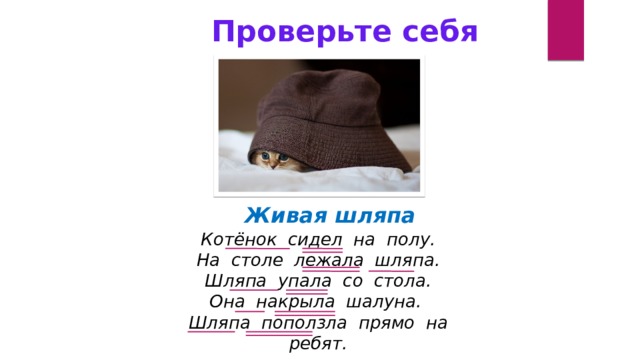 Лежала на столе текст. Шляпа лежит на столе. На сидел котенок полу столе на шляпа. Текст котенок сидел на полу. Котенок сидел на полу и ловил.