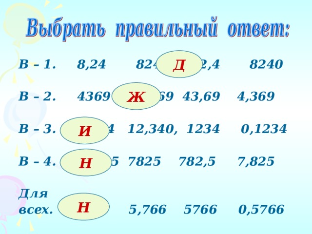 Д В – 1. 8,24 824 82,4 8240  В – 2. 4369 0,4369 43,69 4,369  В – 3. 123,4 12,340, 1234 0,1234  В – 4. 0,7825 7825 782,5 7,825  Для всех. 57,66 5,766 5766 0,5766 Ж И Н Н 