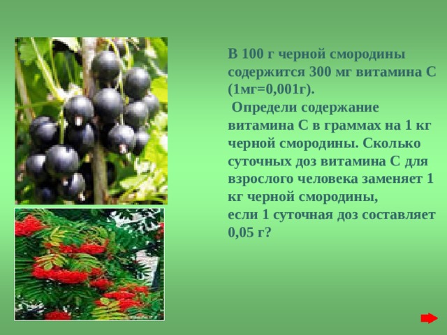 В 100 г черной смородины содержится 300 мг витамина С (1мг=0,001г).  Определи содержание витамина С в граммах на 1 кг черной смородины. Сколько суточных доз витамина С для взрослого человека заменяет 1 кг черной смородины, если 1 суточная доз составляет 0,05 г?       