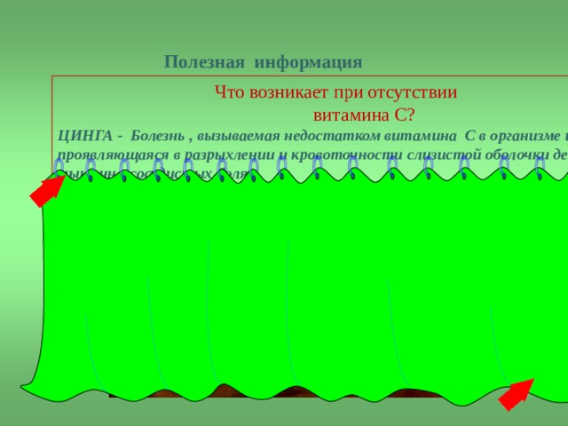 Полезная информация   Что возникает при отсутствии  витамина С? ЦИНГА - Болезнь , вызываемая недостатком витамина С в организме и проявляющаяся в разрыхлении и кровоточности слизистой оболочки десен, в мышечно-сосудистых болях 