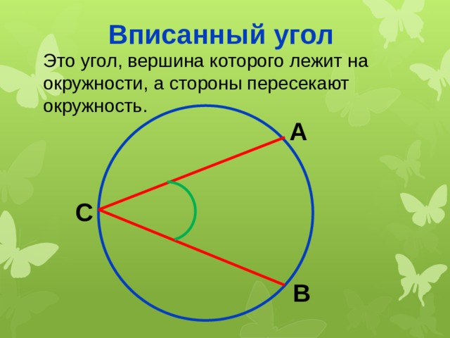 Вписанный угол Это угол, вершина которого лежит на окружности, а стороны пересекают окружность. А С В 