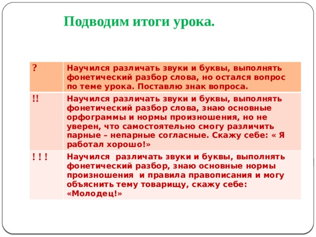  Подводим итоги урока.   ? Научился различать звуки и буквы, выполнять фонетический разбор слова, но остался вопрос по теме урока. Поставлю знак вопроса. !! Научился различать звуки и буквы, выполнять фонетический разбор слова, знаю основные орфограммы и нормы произношения, но не уверен, что самостоятельно смогу различить парные – непарные согласные. Скажу себе: « Я работал хорошо!» ! ! ! Научился различать звуки и буквы, выполнять фонетический разбор, знаю основные нормы произношения и правила правописания и могу объяснить тему товарищу, скажу себе: «Молодец!» 