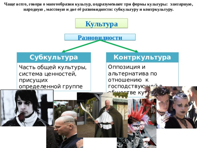 Чаще всего, говоря о многообразии культур, подразумевают три формы культуры: элитарную, народную , массовую и две её разновидности: субкультуру и контркультуру. Культура Разновидности Субкультура Контркультура Часть общей культуры, система ценностей, присущих определенной группе Оппозиция и альтернатива по отношению к господствующей в обществе культуре  