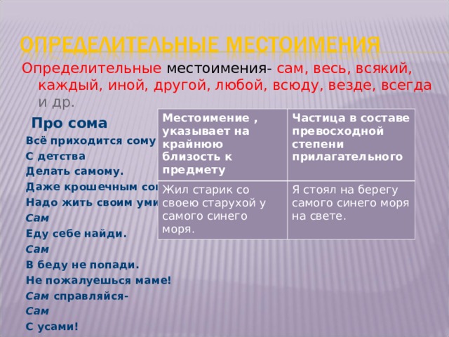 Определительные местоимения- сам, весь, всякий, каждый, иной, другой, любой, всюду, везде, всегда и др.  Про сома  Всё приходится сому  С детства  Делать самому.  Даже крошечным сомишкам  Надо жить своим умишком!  Сам  Еду себе найди.  Сам  В беду не попади.  Не пожалуешься маме!  Сам справляйся-  Сам  С усами! Местоимение , указывает на крайнюю близость к предмету Частица в составе превосходной степени прилагательного Жил старик со своею старухой у самого синего моря. Я стоял на берегу самого синего моря на свете.