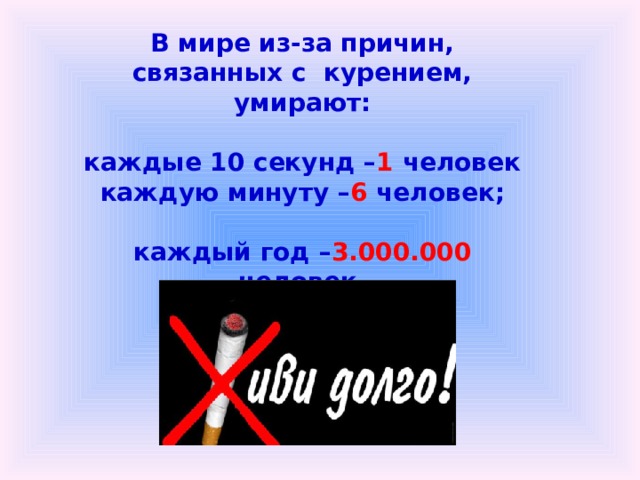 В мире из-за причин, связанных с курением, умирают:  каждые 10 секунд – 1 человек каждую минуту – 6 человек;  каждый год – 3.000.000 человек.  