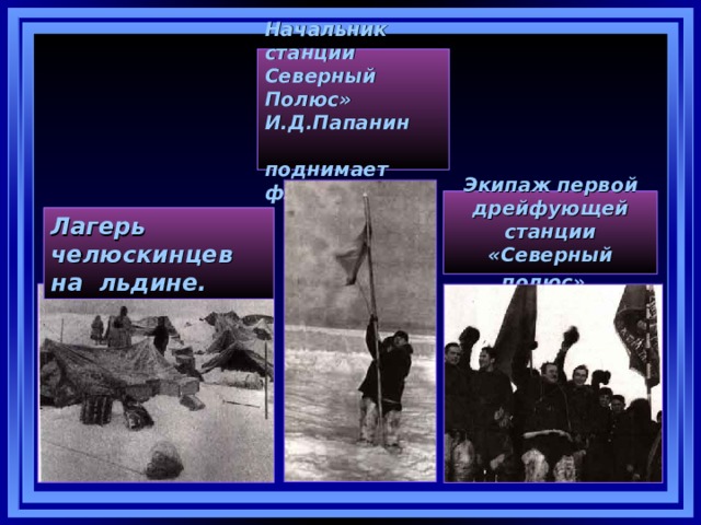 Начальник станции Северный Полюс» И.Д.Папанин   поднимает флаг СССР. Экипаж первой дрейфующей станции «Северный полюс».  Лагерь челюскинцев  на льдине. 