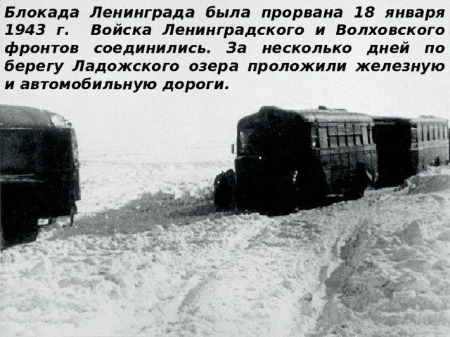 Блокада Ленинграда была прорвана 18 января 1943 г. Войска Ленинградского и Волховского фронтов соединились. За несколько дней по берегу Ладожского озера проложили железную и автомобильную дороги. 